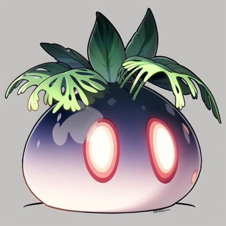 no humans, white background, simple background, pokemon (creature), leaf, glowing, glowing eyes, solo, slime (creature), plant, red eyes, full body