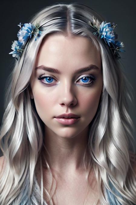 hyper-realistic portrait of a mysterious woman with flowing silver hair, piercing blue eyes, and a delicate floral crown,