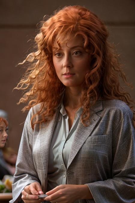 with red hair wearing a Pastel Gray business suit, restaurant
, 1girl,  looking_at_viewer, photorealistic, realistic, solo, masterpiece, best quality, detailed face, solo, 1girl, g1873t, <lora:Susan_Sarandon:1> masterpiece, best quality, detailed face, solo, a woman, mature s1873s, red hair, long_hair, looking_at_viewer