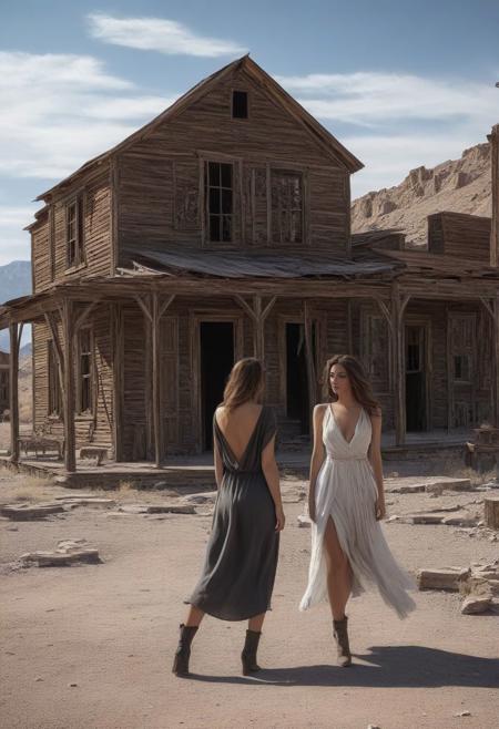 a sexy woman is doing modeling work at the ghost town, 8K, realistic, masterpiece,