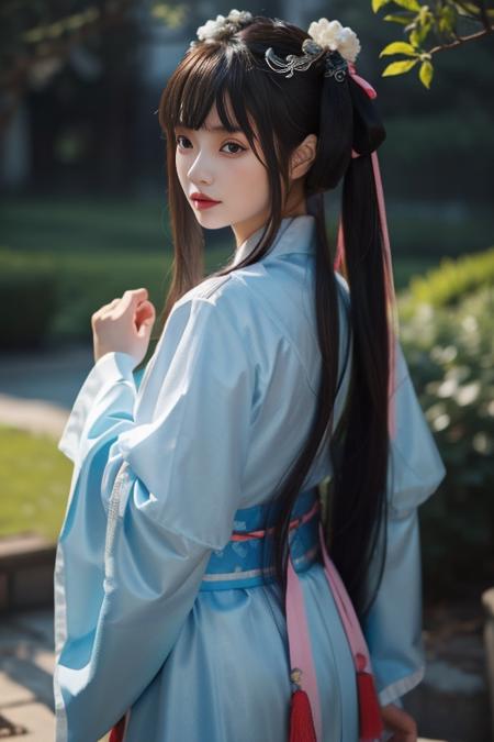 ltra-detailed,highly detailed,best quality,masterpiece,illustration,realistic,photorealistic,
baimoqing, 1girl, solo, 
hanfu, sash, long sleeves, chinese clothes, ribbon, wide sleeves, jewelry, tassel,
very long hair, hair ornament, hair ribbon, hair bun, low twintails, 
upper body, looking at viewer,
 <lora:baimoqing_v1_07:0.7>