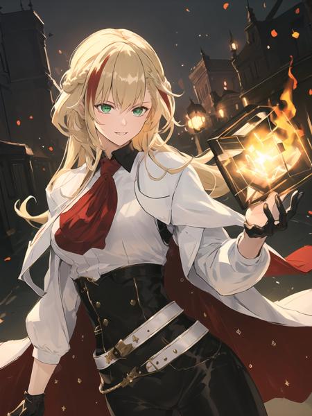 masterpiece,best quality,highres,cinematic lighting,dramatic angle,1girl,blonde hair,braid,multicolored hair,green eyes,white shirt,jacket,belt,high-waist black pants,looking at viewer,black gloves,<lora:ShadowverseNahtV2-000015:0.9:lbw=1,1,0.1,0.1,0.1,0.8,0.8,1,0.2,1,1,1,1,1,1,1,1>,fire,glowing sealed cube,red ascot,portrait,shaded face,evil smile,hand on own hip,parted lips