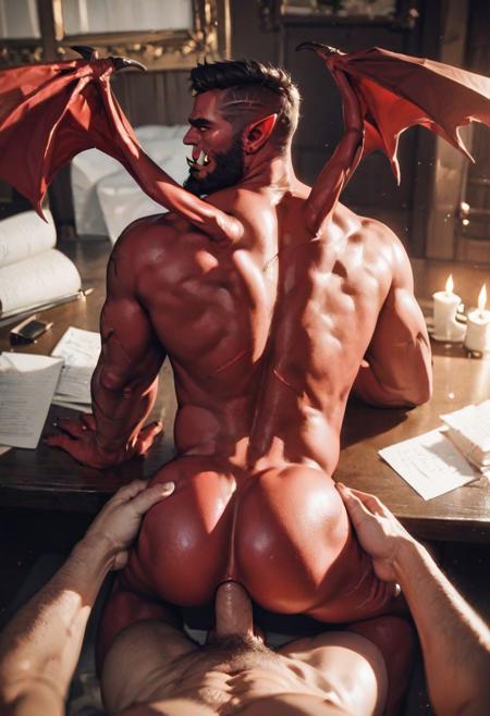 score_9, score_8_up, score_7_up, score_6_up, score_5_up, score_4_up, photo, realistic, solo, male focus, mature male, muscular, demon, red skin, wings, beard, tusks, red eyes, pov, human pov, gay anal sex, human penis penetrating orc ass, demon sitting on human's erect penis, demon turned away from the viewer, aggressive fucking, grabbing ass, scars, inside holy temple