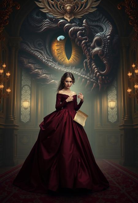 The image is a digital artwork in a fantastical, surreal style, featuring a woman standing in a grand, ornate, dimly lit palace room. She is dressed in an elaborate, 19th-century style gown with a high waist and a flowing, voluminous skirt that drapes elegantly across the floor. The gown is a deep, dark red color. In one hand, she holds a dusty parchment paper, while before her, a massive, dragon eye slowly opens