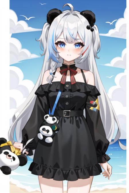 solo, (((masterpiece, best quality))) , new_outfit, multicolored_hair, off_shoulder, blue_eyes, <lora:Dousha2:1>, panda_ears, bangs, bare_shoulders, bear_ears, blue_eyes, blue_sky, blurry_background, blush, building, closed_mouth, cloud, day, depth_of_field, hair_bobbles, hair_ornament, holding, long_hair, looking_at_viewer, multicolored_hair, off_shoulder, outdoors, sky, solo, stuffed_animal, stuffed_toy, teddy_bear, upper_body, new_outfit, shadow_lee, Li Dousha