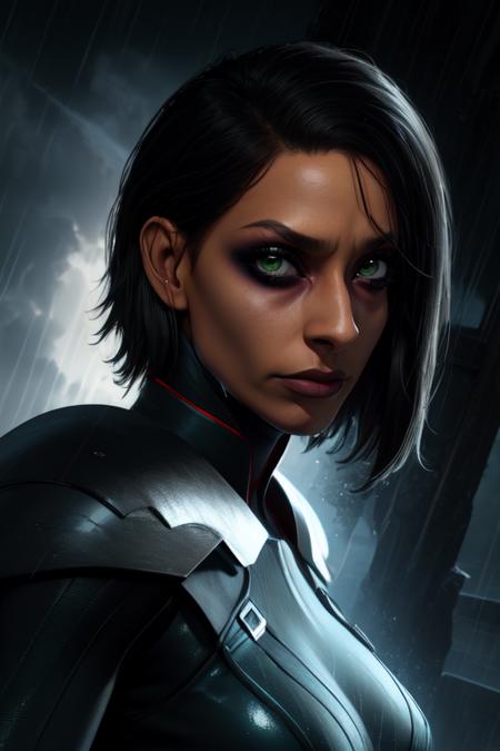 Trilla, short hair, green eyes, , eye shadow,
 looking at viewer, serious, upper body, close up,  
armor,gloves, tight, bodysuit, black cape, black pants,
 raining,metal platform,night,
 (insanely detailed, beautiful detailed face, masterpiece, best quality),
 <lora:Trilla-10v5:0.8>