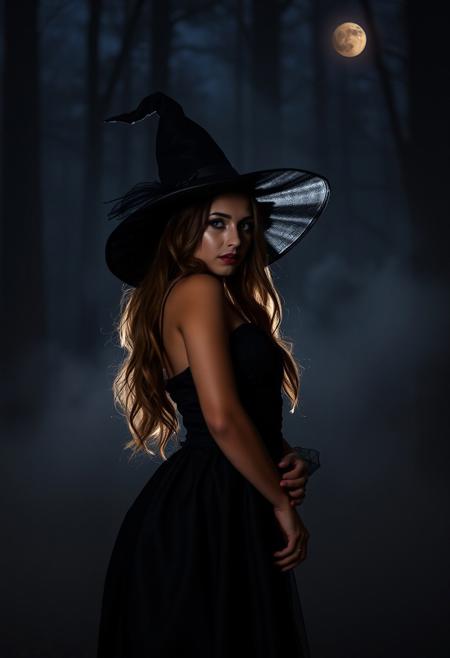 high-resolution professional photo of a young woman dressed as sexy witch for Halloween  in the forest at night. There is fog in the background and a half moon in the sky. Dramatic lighting