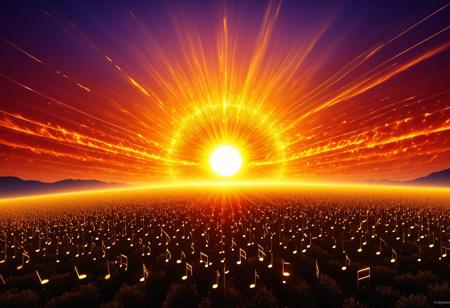 Solar Symphony captures a breathtaking surreal masterpiece of the sun radiating musical notes across the twilight sky, with the warm golden rays illuminating scattered clouds, symphony orchestration, celestial chorus, gradient colors of dawn, sunbeam trails, chromatic brilliance, oversaturated colors, octane rendering, ultrafine, vivid colors, dramatic lighting