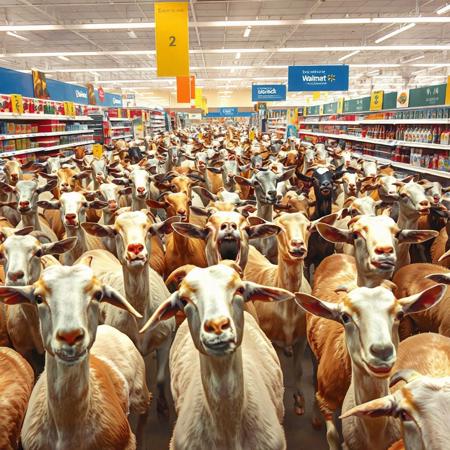 A herd of goats storms Walmart at 2 pm sharp, baaing excitedly as they compete in a chaotic “Switch 2” rush—each convinced they deserve one.