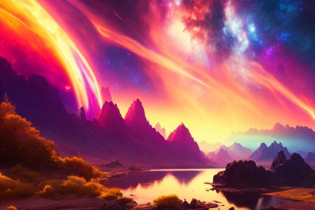 ChromaV5, nvinkpunk,(extremely detailed CG unity 8k wallpaper), A landscape of a cosmic sky, nebula, cosmos,galaxy,award winning photography, Chromatic Aberration, Detailed , HDR, Bloom ,trending on ArtStation, trending on CGSociety, art by midjourney