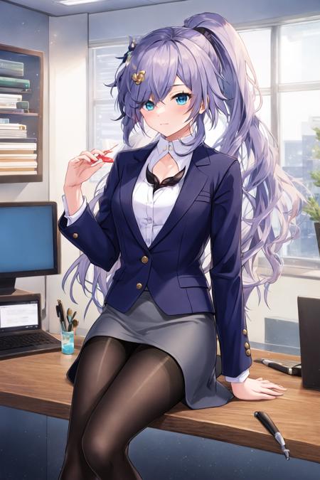 masterpiece,best quality,Azure_Empyrea,solo,1girl,<lora:Fu Hua_Azure Empyrea_v6:0.75>, <lora:gachaSplashLORA_v40:0.6>,business_suit, pantyhose, sitting,office，