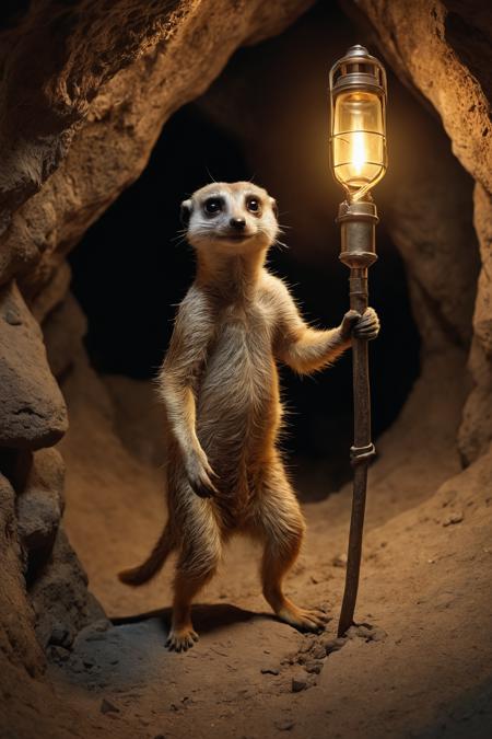 a young meerkat carrying a (miner's lamp),  standing in a dark cave in the style of surreal and dreamlike imagery,  schlieren photography,  whimsical dreamscapes,  fantastical street,  in a  balance and harmony,  light silver and dark beige