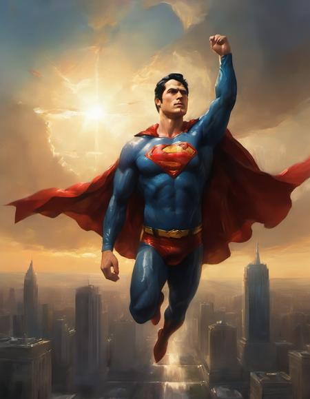 Superman majestic aerial above Metropolis dramatic setting sun closeup torso portrait by LaxPeintXL