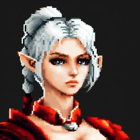 (( <lora:ShadowHeart:0.75>)), shadowheart, 1girl, ((silver hair)), braided ponytail, circlet, elf, pointy ears, realistic, blurry background, ((busty)),  dark lighting, masterpiece, ((black background)), ((staring forward)), (( <lora:pixel:0.7>)), ((pixelart))