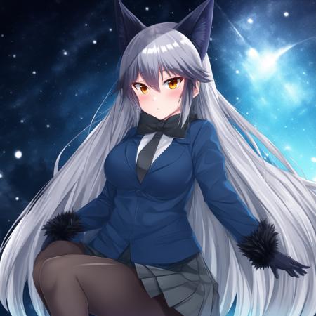 gingitsu, 1girl, solo, animal ears, fox ears, long hair, fox tail, silver hair, black pleated skirt, black gloves, black fur trim, black bowtie, pantyhose, black legwear, long sleeves, black necktie, black undershirt, hair between eyes, very long hair, fur-trimmed sleeves, fox girl, bangs, orange eyes, blue blazer, sidelocks, black loafers, black ears, black tail, white tipped tail, detailed shading, detailed ambient light