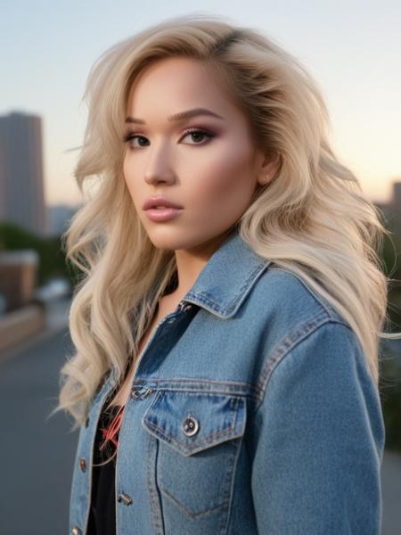 K4l3n4Rios, Kalena Rios, Khlo3H4rt, Khloe Hart, <lora:Khlo3H4rt-sdxl:1>,cinematic, ultra detailed, portrait, 1girl, makeup, lips, big hair, teased hair, blonde hair, big lips, wearing denim jacket, (popped collar), hoop earrings, cityscape, 1980s, solo, looking at viewer, bokeh, focus, film, velvia, artistic, best quality, photograph, focus, face focused, magic hour, photography, warm light, sunset, movie still,