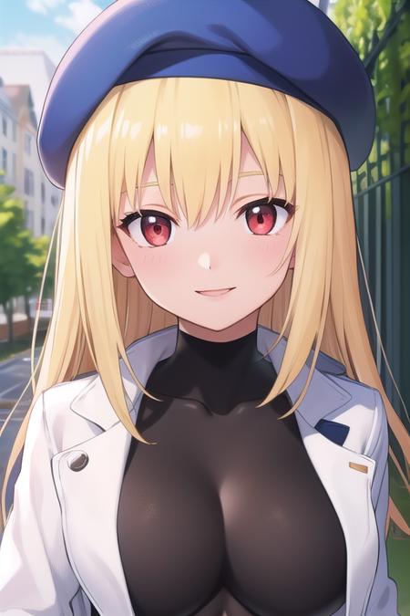 Kusanagi Orie blue beret,long hair,blonde hair,bangs,red eyes collarbone,cropped jacket,white jacket,open clothes,open jacket,black shirt,large breasts,skindentation,long sleeves,black gloves,fingerless gloves,blue belt,leotard,black pants,cameltoe,high heel boots,white footwear