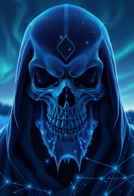 A symmetric portrait of Masters of the universe Skeletor, features dissolving into frozen magic thin, luminescent blue lines. Weighted Voronoi stippling and laser caustics create a network, transitioning from hyperrealistic detail to abstract, quantum-inspired forms. Ethereal hues blend, evoking existential transition and mystery. Close-up on face, evil skull partially visible. Set against a twilight arctic backdrop, icy winds ripple through his tattered robes. Rendered in a fusion of photorealism and digital surrealism, the scene is illuminated by ghostly Northern Lights. Emphasis on cold, menacing atmosphere, invoking Nordic myths