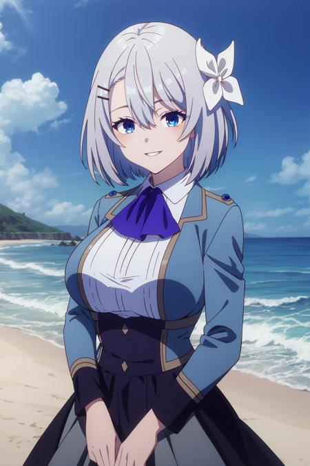 masterpiece, best quality, highly detailed, sakunamem, blue eyes, grey hair, short hair, hair between eyes, hair flower, hair ornament, hairclip, large breasts, parted lips, smile, white shirt, blue ascot, blue jacket, collared shirt, grey skirt, cowboy shot, outdoor, beach, day, water, <lora:sakuna:1>