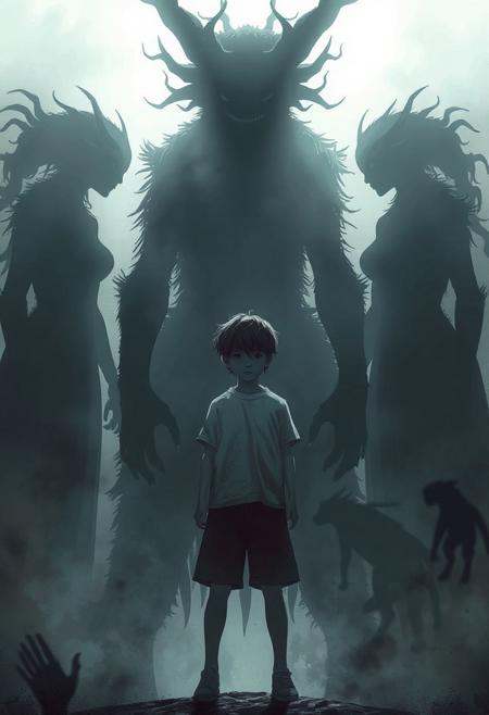 The presence of the monster mother
The hazy silhouettes of several female monsters surround the boy. Their vague postures seem to be both protective and controlling, highlighting the influence of mothers.
FHD, Rich in details, masterpiece.