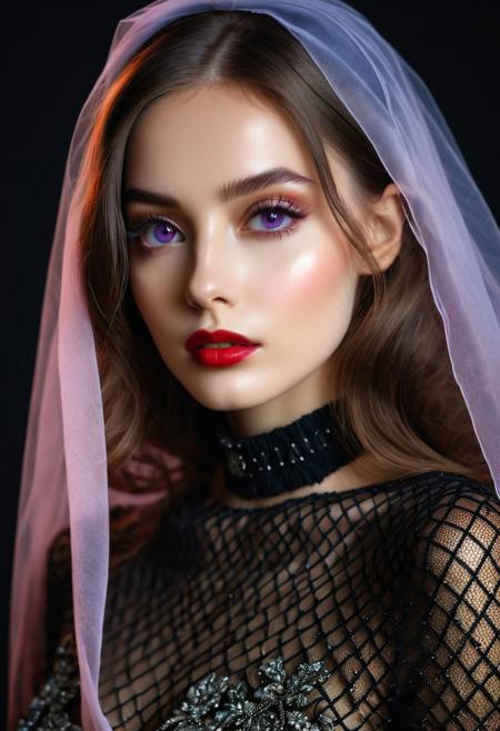 A professional (fashion photo photography:1.2),a  (studio portrait:1.2),showing (surrealistic style:1.1),(black purple gradient background:1.2),(exaggerated character movements:1.5),against glass,(masterpiece, best quality:1.4), perfect body,  long hair, brown hair, brown eyes, parted lips, , detailed skin,model photoshoot, long bob-cut hair, shiny oiled skin, pale skin,  pale white skin, shiny oiled skin, pale skin, realistic eye and face details), hyperrealism, very slim,  4k HDRvaporwave style Ultra High Resolution, wallpaper, 8K,Rich texture details, hyper detailed, detailed eyes, detailed background, dramatic angle,Ultra High Resolution, wallpaper, 8K,Rich texture details, hyper detailed, detailed eyes, detailed background, wearing translucent veils, elegant profile pose, dark photography, dramatic lighting, black background, deep shadows, chiaroscuro, (old russian folk light dress red ornaments:1.1) slim elegant russian girl folk hairstyle halo above head (icon style:1.2) choker, make-up photography by (Ethel Warwick:1.3), modelshoot, pose, , (Ethel Warwick: 1,2) award winning photo macro shot  dramatic lighting,philosophical dimensions,NIKON Z9,35mm,f/1.2,RAW format,stark composition.,(muted tones:1.2),award winning photo,(dream-like quality:1.2),