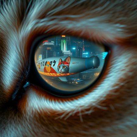 extreme close up portrait of a cat's eye reflecting the a futuristic Tokyo skyline at night from a very high level, the skyline is with futuristic skyscrapers and futuristic transports and futuristic aircraft and spaceships in a variety shapes and sizes, the airships covered with lights and advertisements in Japanese,  reflecting in the cat's eye is a huge airship that has an advertisement with a Japanese cat on the side, the cat's eye has takes up 85% of the image