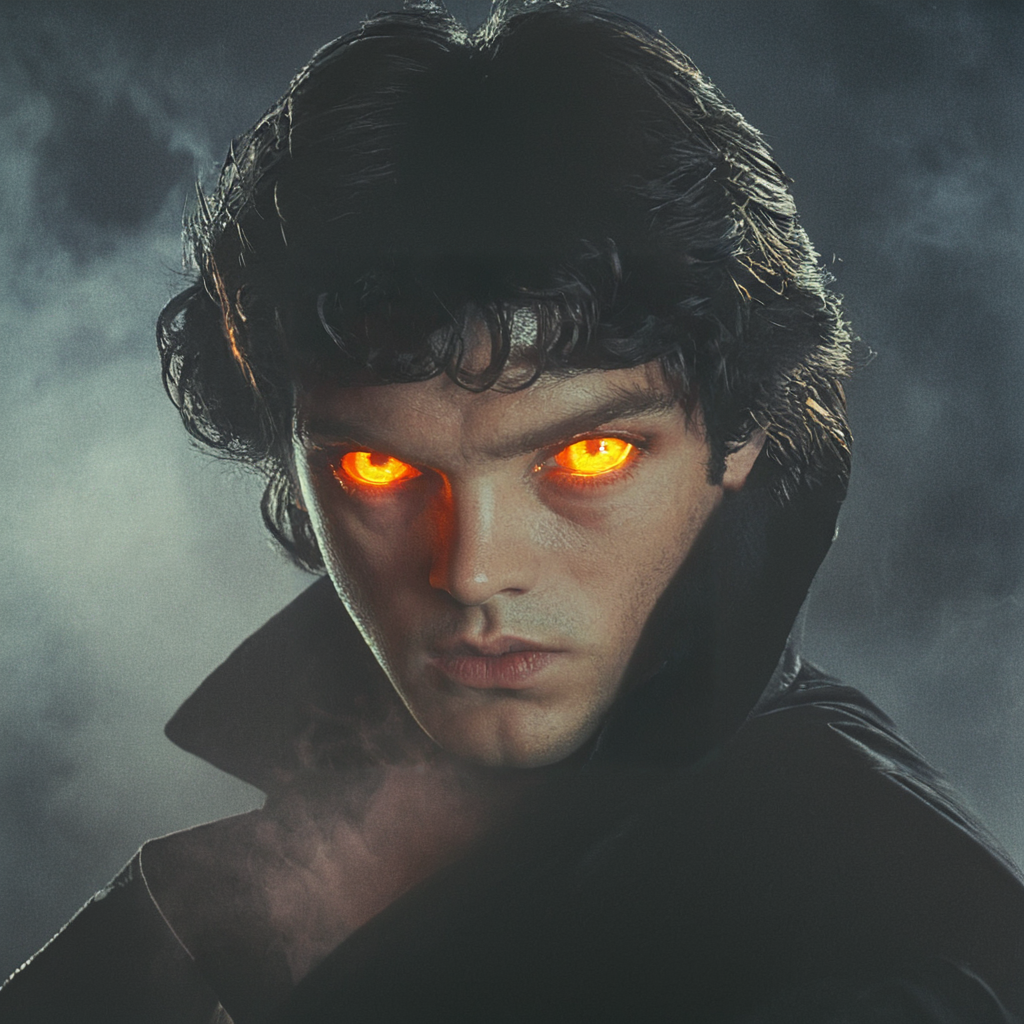 <lora:80s_Fantasy_Movie:1> ArsMovieStill, 80s Fantasy Movie Still, The image is a close-up portrait of a young man's face. He has dark hair and is wearing a black jacket. His eyes are glowing orange and his expression is intense and dramatic. The background is dark and there is a hint of smoke or fog surrounding the man. The overall mood of the image is intense with a sense of danger and suspense., solo, glowing, black hair, lips, looking at viewer, orange eyes, glowing eyes, portrait, male focus, 1boy