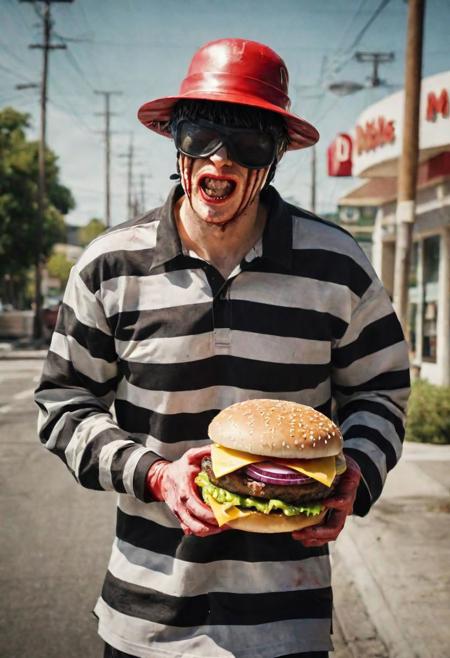 realistic photo of sweaty McDonald's character The Hamburglar as a real character, wearing a black and white striped shirt, blood, no face paint, (dystopian movie:1.22), film grain, sweaty face, extreme detailed face ,angry, as gore movie, gruesome:1.0, full body photo, running from police holding a hamburger made from a hand