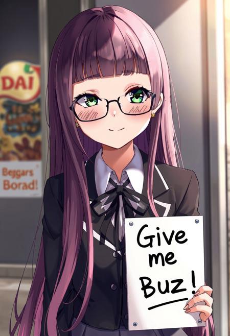 score_4,score_5,score_6,score_7_up,score_8_up,score_9 ((masterpiece,best quality,ultra detailed,highres,HD,4k:1.2)), 
1 girl,solo,face focus,
((glasses)),
((kurosawa dia,dia kurosawa,very long hair,blunt bangs:1.1)),very long black hair,very long multicolored hair,very long Inner color pink hair,green eyes,tattoo,earrings,small breast,
Blazer, school uniform, skirt, ribbon tie,
(("Give me Buzz.",Beggars Borad,Holding a sign, holding a sign that says, "Give me Buzz."))
wink,happy,blush, looking at viewer, smile,