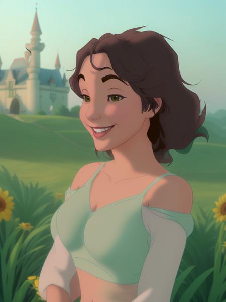 woman, in a field, smiling, looking at viewer, 4k, 8k, castle behind her,  disney style<lora:DisneyRen:1>