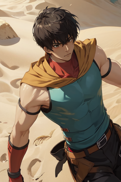 Arash, holding bow, red undershirt, sand