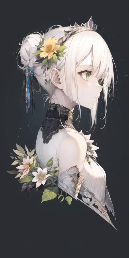 1girl, closed mouth, cropped shoulders, flower, from side, green eyes, hair behind ear, hair flower, hair ornament, looking away, portrait, profile, short hair, simple background, solo, tiara, white hair, gem, bangs, crown, black background, leaf, blush, crystal, eyelashes, hair bun, single hair bun,<lora:hito_loha_v2b:0.7>