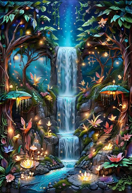 Surreal ais-fairy tale-like waterfall oasis with paper quilling, featuring a waterfall, devoid of any human presence. Etherealillust, Fairy lights, stardust, fireflies. Bright shiny colors.