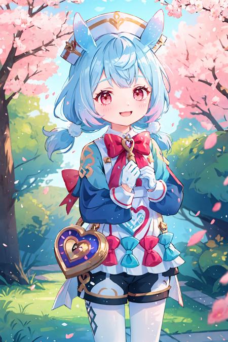 sigewinne \(genshin impact\) low twintails, animal ears, white gloves, red bowtie, nurse cap, aqua dress, white apron, heart-shaped bag, black shorts, white pantyhose, fold-over boots