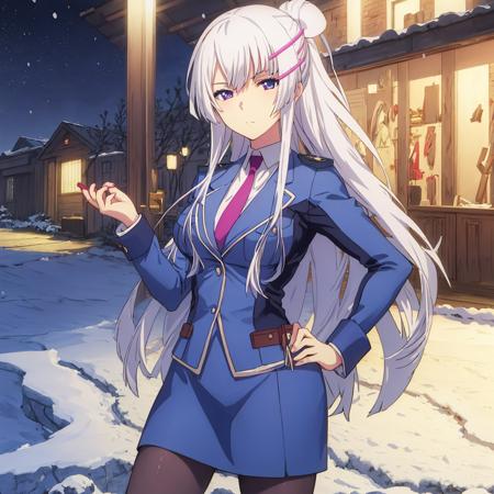 masterpiece,best quality,highly detailed, extremely detailed CG unity 8k wallpaper,illustration,Froleytia,medium breasts,expressionless,facing viewer,looking at viewer,standing,hand on hip,outdoors,black legwear,night,snowing,snow,