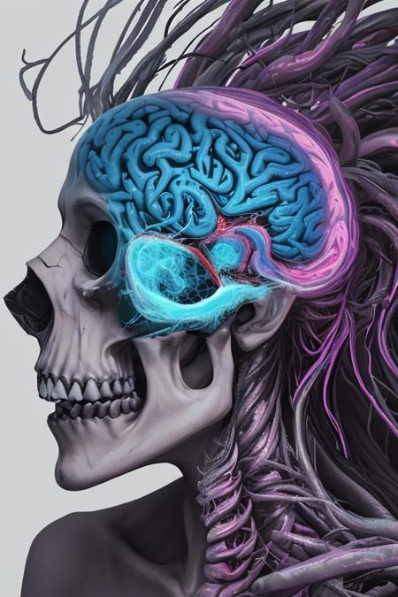 A man drowning inside his own mind. FRONT VIEW. Subliminal messaging, Horror, neon-colored brain scan aesthetic on white background. the figure of a skull is seen inside the brain scan. Psychedelic brain scan. Horror, Vibrant, glowing neural pathways Abstract, futuristic aesthetic. Style mimics bioluminescence art. Sharp contrast between vivid colors and deep black background. realistic rendering of brain lobe. Conveys sense of brain death, cognitive decline, and mental degradation. Sharp jagged teeth. Horror theme.