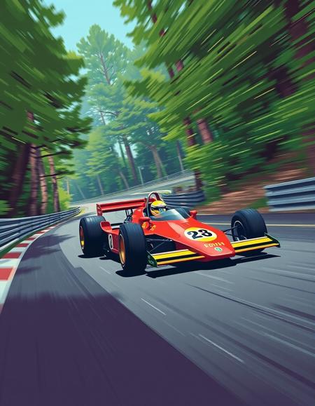 Colorful, artistic poster, Racing car, poster of 70s F1 car, 70s formula 1 for grand prix, race track, red ferrari, open wheel racing car,  car in focus, forest in background, blurry background, speed blur effect, green trees, vintage, flat colors, 1970s, retro advertisement, poster