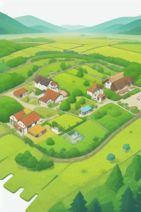 An illustration of a sustainable future village, with green forests and meadows. There is no garbage. The illustration is of a modern and minimalist style, with very vibrant and saturated colors,  masterpiece, best quality,