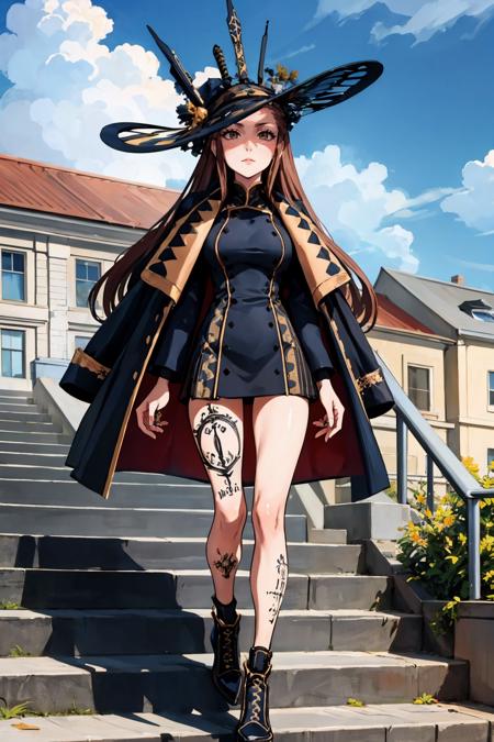 masterpiece, best quality, <lora:fsrdorothea-nvwls-v1-000009:0.8> fsrdorothea, hat, black dress, jacket on shoulders, leg tattoos, large breasts, stairs, walking, sky, clouds, black footwear