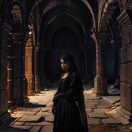 (high quality), nodf_lora, 1girl, solo, closeup, black gloves, black dress, Medieval, inside temple, alley, night, <lora:notion_of_dark_fantasy-nodf-08:1>