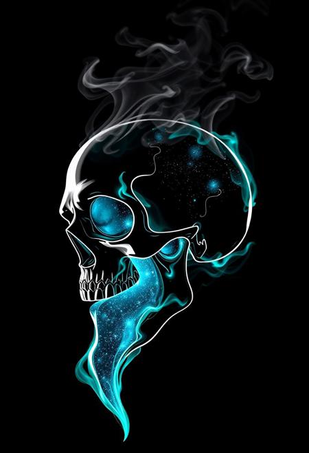 Cybernetic Skull, black background, slhouette black and white outline, skull made of smoke, neon teal_flames, pov sideview, smoke rises from back of skull, whole Galaxy in skull, mouth open pouring out Galaxy in a liquid form