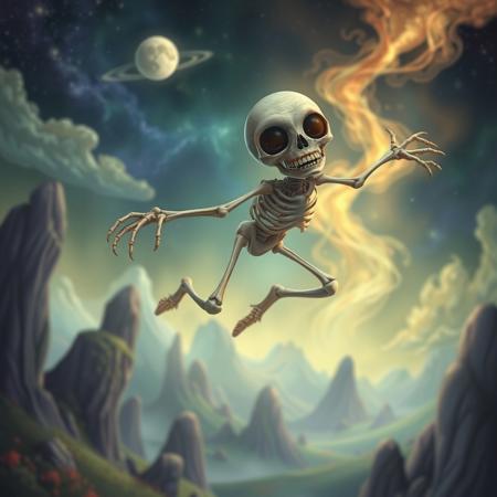 A really happy skinny fleshy skeleton monster thing flying through a mystical wonderful land