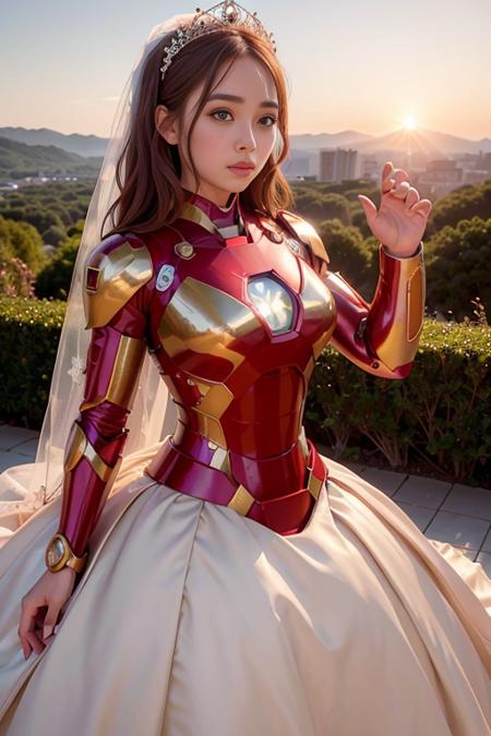 <lora:betterCuteAsian03:0.3>, (wearing wedding princess dress, big wedding skirt:1.2),(wearing irongirl_suit:1.2), sunset,
good hand,4k, high-res, masterpiece, best quality, head:1.3,((Hasselblad photography)), finely detailed skin, sharp focus, (cinematic lighting), night, soft lighting, dynamic angle, [:(detailed face:1.2):0.2], medium breasts, outside,   <lyco:irongirl_wedding_suit-10:0.35>