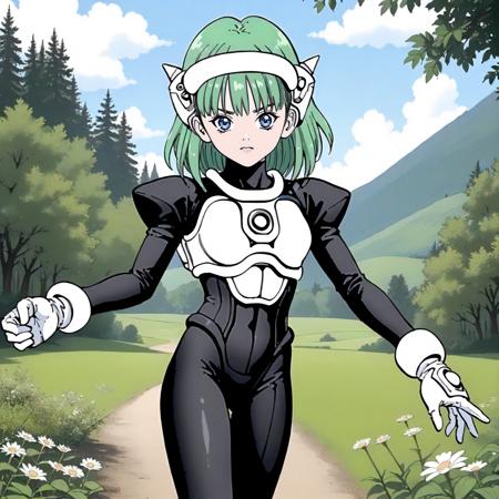 SparkGirl,1girl,green hair,medium hair,blue eyes, headgear1, black body suit,puffy_sleeves,white chest armor, white gloves, white knee boots, headgear2, black dress,puffy_sleeves,white chest armor, black gloves, miniskirt, garter_straps,black_thighhighs, white shoes,