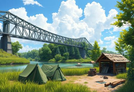 A vibrant, detailed digital painting captures a peaceful outdoor scene. A massive, industrial steel truss bridge stretches across the middle, supported by hefty concrete pillars. Below, a chill river mirrors the bright blue sky and fluffy clouds above. The riverbank is lush with tall, green grasses and trees, adding to the natural vibe.
Up front, there's a campsite with several military-style green tents, showing off a rugged outdoor life. To the right, a wooden structure, maybe a small cabin or shelter, is built with logs and has a thatched roof. Scattered around are wooden crates, camping gear, and a small fire pit, hinting at a recent campfire. The lighting is bright and sunny, casting soft shadows and making the greens pop. The camera angle is straight-on, giving a clear view of the scene, with a slight tilt upwards to show off the bridge and sky. The whole scene screams tranquility and adventure.