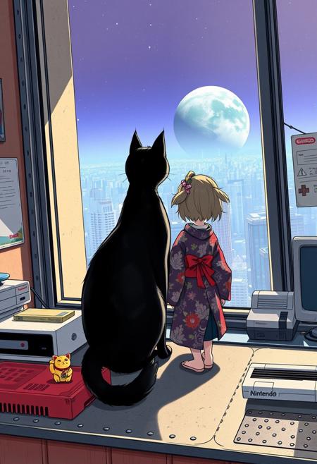 Jiji the cat from Kiki's Delivery Service sits on a cluttered metal riveted desk next to a maneki neko statue and a small Nintendo NES, Jiji is looking out of a floor to ceiling window that looks out at a very high view from an apartment on the 150th floor of a futuristic Tokyo skyscraper, the year is 2150,  (((Kiki from Kiki's Delivery Service, 20 years old, is standing next to the cat looking out at planet below))), Kiki is dressed in an ornate Japanese style bath robe.  The woman's hair is messy from just waking up and tied up with a ribbon. Artistic cyberpunk, dynamic perspective, The focus is on Jiji and Kiki standing together looking out the window at the view together,