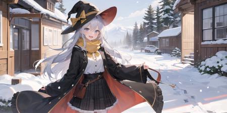 <lora:elaina-000080:0.6>,elaina_face, 1girl, snowman, solo, hat, skirt, witch hat, scarf, shirt, black headwear, open mouth, bag, white shirt, smile, outdoors, looking at viewer, black skirt, snow, long sleeves, bangs, ribbon, :d, frilled skirt, plaid scarf, frills, building, plaid, bow, open clothes, blush, winter, neck ribbon, collared shirt, blue eyes, standing, yellow bow, tree, brown scarf, yellow ribbon, wide sleeves, snowing, black robe, open robe, purple eyes, robe, shoulder bag, cowboy shot