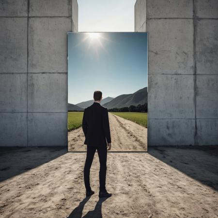 optical illusion - the illusion of mirrors digital art, 
composition:a square mirror was placed against a huge concrete fence, 
the reflection in the mirror shows a man walking across the field