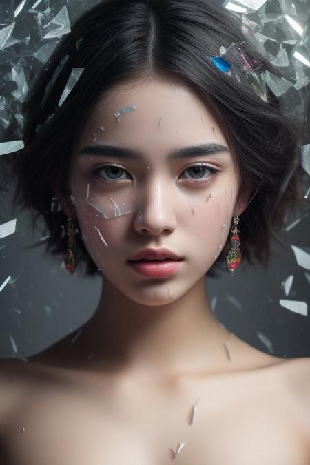 (in Otomo Katsuhiro style:1.2), high-quality, masterpiece, Photo of a womanas face emerging from a fragmented glass sculpture, her expression calm yet distant, each fragment reflecting different parts of her face, soft light refracts through the glass, casting rainbow-colored reflections, Style is Surreal and crystalline, Lighting is Diffused with prismatic highlights, refracted light, shattered glass effect, soft bokeh, (elaborately detailed attire with extraordinary elements:1.1), big natural breasts, (hyperdetailed:1.1), (intricate details:1.0), (Refined details:1.1), (best quality:1.1), (high resolution:1.2)