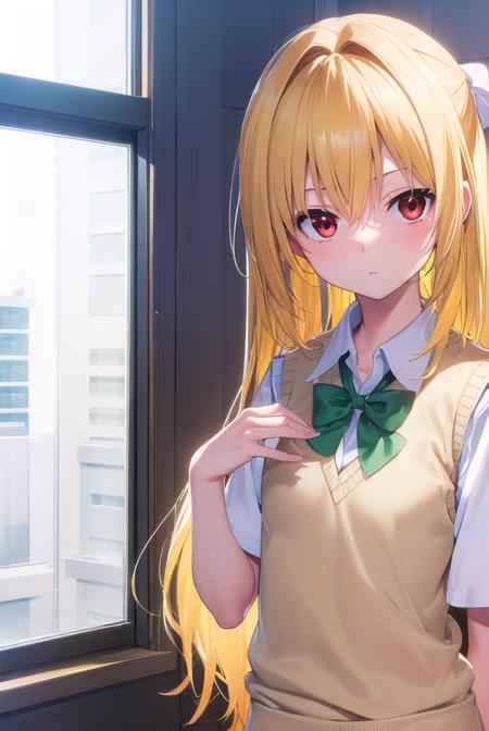 toloveruyami, <lyco:toloveruyami-lyco-nochekaiser:1>, 
yami, (yellow hair:1.5), long hair, (red eyes:1.5), (hair ornament:1.2), two side up, (small chest:1.2), 
BREAK school uniform, shirt, white shirt, bow, (green bow:1.5), skirt, (green skirt:1.2), pleated skirt, short skirt, sweater, (light brown sweater vest:1.5), short sleeves,
BREAK indoors, classroom,
BREAK looking at viewer, (cowboy shot:1.5),
BREAK <lyco:GoodHands-beta2:1>, (masterpiece:1.2), best quality, high resolution, unity 8k wallpaper, (illustration:0.8), (beautiful detailed eyes:1.6), extremely detailed face, perfect lighting, extremely detailed CG, (perfect hands, perfect anatomy),